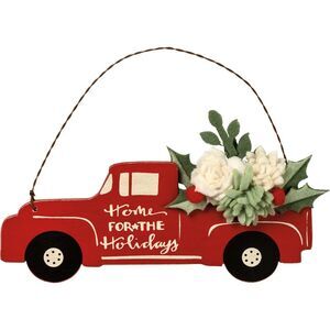 Red Pickup Truck Home for the Holidays Christmas Ornament Wood
